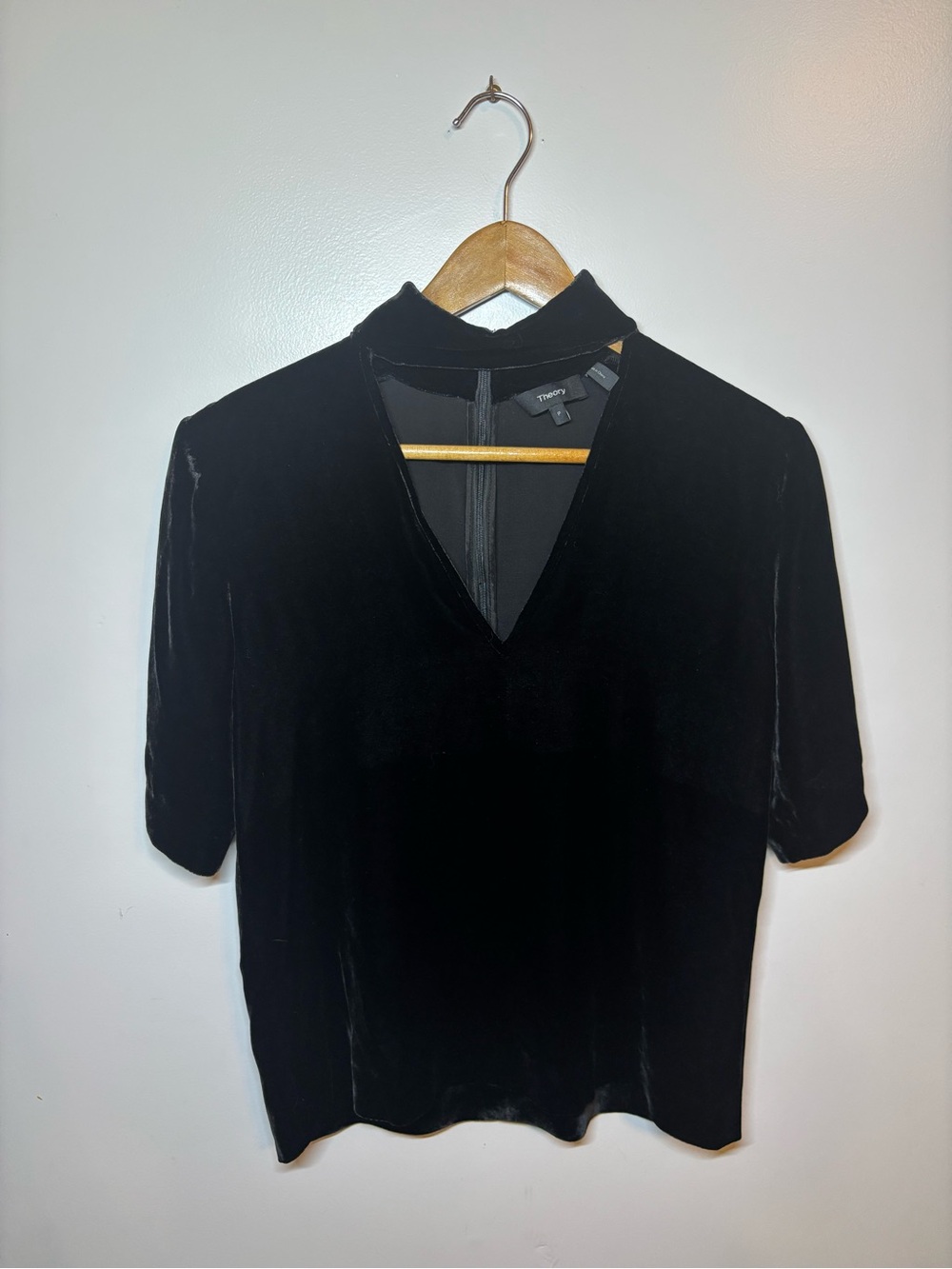 Theory Black Velvet Short Sleeve Mock Neck Top with V-Cut